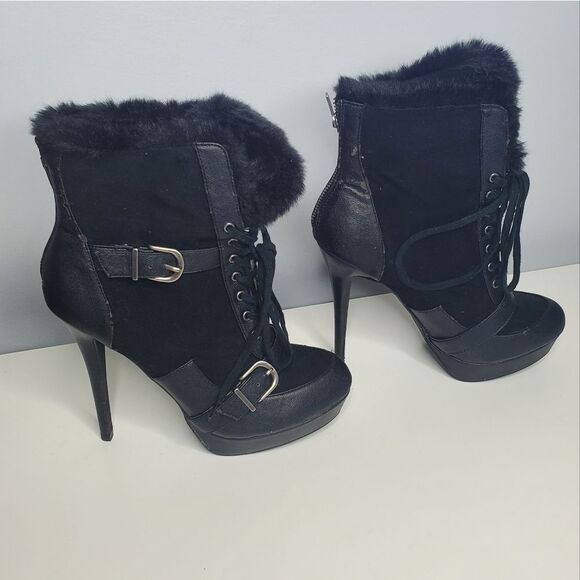 Colin Stuart For Victoria's Secret 9B Booties High Heels Suede Fur Buckle Boots - Picture 1 of 16